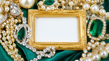 Ornate golden frame with blank space surrounded by luxury jewelry on green velvet background, creating a glamorous and elegant compositionの素材