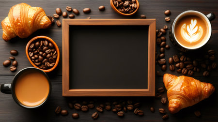 Coffee cups, croissants and roasted coffee beans surrounding an empty frame with copy space lying on a dark wooden surface, shot from aboveの素材
