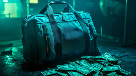 Gym bag overflowing with dollar bills suggesting illicit activity, possibly related to money laundering or corruptionの素材