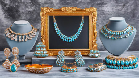 Stunning turquoise and diamond jewelry, featuring necklaces, earrings, bracelets, and rings, elegantly displayed on busts and velvet cushions within a golden frameの素材