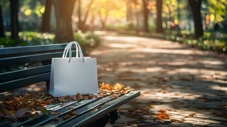 White shopping bag is resting on a park bench with fallen autumn leavesの素材