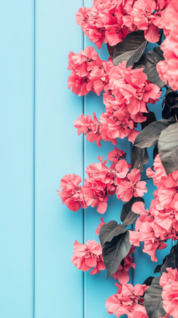 Pink bougainvillea flowers and leaves create a vibrant contrast against a light blue wooden wall, offering a cheerful and inviting sceneの素材