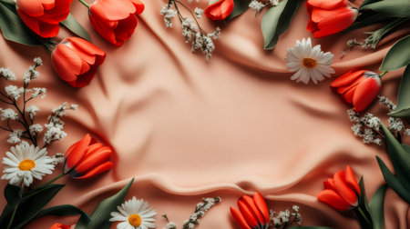 Peach colored draped fabric with an elegant blank frame bordered with colorful flowers creating a delicate and romantic atmosphereの素材