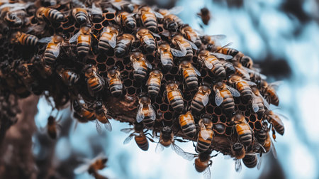 Large swarm of bees working on a honeycomb attached to a tree branch, creating honeyの素材