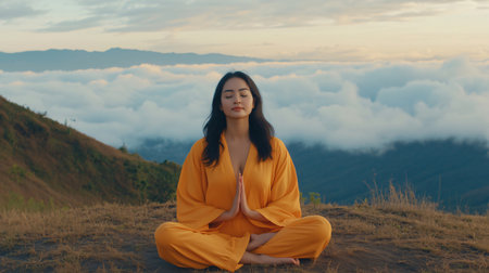 Peaceful young woman meditating on mountain top above clouds at sunset, enjoying freedom and tranquilityの素材