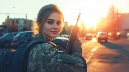 Young woman soldier smiling and holding a rifle on duty in a city street at sunsetの素材