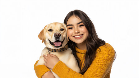 Studio shot of a smiling girl hugging her labrador retriever on a white backgroundの素材