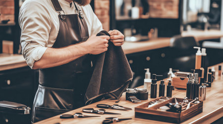 Barber is folding a hot towel to prepare a treatment for his customer in a barbershopの素材