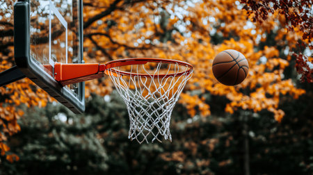 Basketball is falling towards the hoop during a beautiful autumn dayの素材