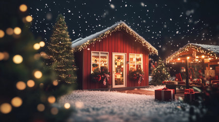Red wooden cabin decorated with string lights during a snowy christmas night, creating a cozy and festive atmosphereの素材