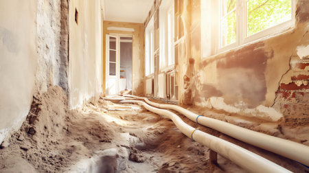 Underfloor heating pipes being installed in a house or apartment during a renovation projectの素材