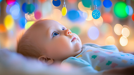 Baby with blue eyes is lying on its back in a crib, looking up at a colorful mobileの素材