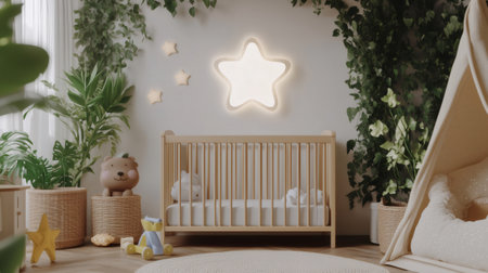 3D rendering of a modern and cozy baby room with natural elements and soft lighting, creating a peaceful atmosphereの素材