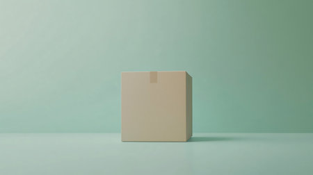 Simple cardboard box standing against a light green backgroundの素材
