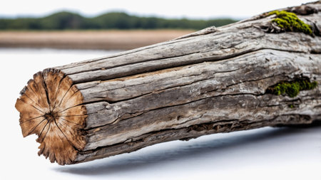 Close up of a weathered driftwood log with visible growth rings, isolated on a white background, showcasing the beauty of natural texturesの素材
