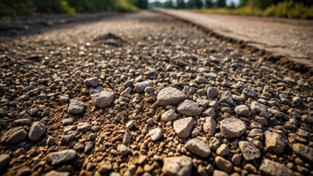 Close up of a gravel road surface, stretching into the distance, surrounded by a blurred natural landscapeの素材