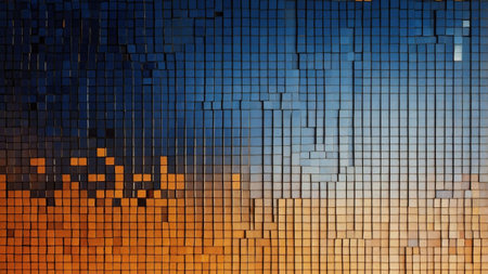 Extruded cubes forming an abstract pixelated gradient background with blue and orange colorsの素材