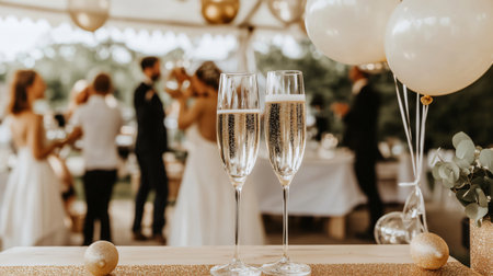Champagne flutes stand on a table at a wedding reception, with guests dancing in the backgroundの素材