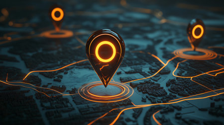 Glowing location pin pointing on a futuristic city map with orange neon lights, representing gps navigation and location trackingの素材