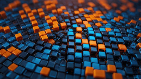 Abstract background featuring orange and blue cubes forming a waveの素材