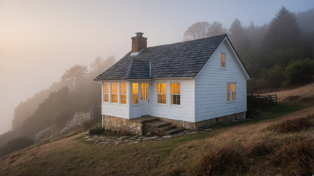 A quaint cottage with whitewashed wood features glowing windows in a misty setting, surrounded by tall grass and trees, creating a peaceful atmosphere at dawn.の素材