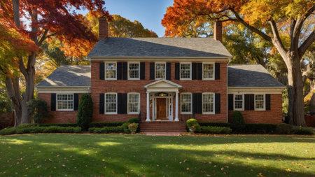 This colonial-style house features striking red brick walls and classic black shutters, set against a backdrop of colorful autumn trees. A beautiful lawn completes the picturesque scene.の素材