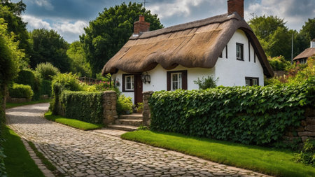 Nestled amidst vibrant greenery, the charming cottage features a thatched roof and a cobblestone path. A serene atmosphere surrounds the home, inviting peaceful moments of relaxation.の素材
