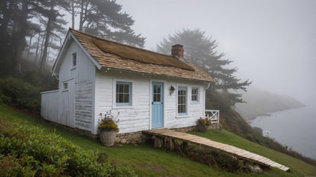 This charming cottage features a whitewashed facade and a thatched roof, set against a misty coastal backdrop. The tranquil scene includes lush greenery and distant water views.の素材