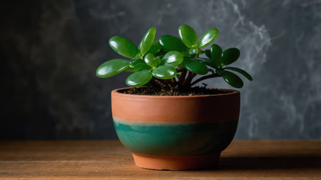 Small jade plant with glossy oval leaves growing in a green and orange ceramic pot, placed on a wooden table against a dark backgroundの素材