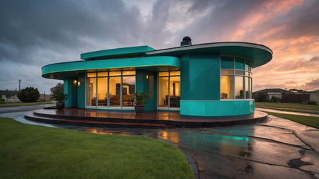 A striking compact Art Deco house features a curved design and vibrant turquoise exterior. The structure reflects soft twilight hues as clouds gather, creating a visually stunning urban landscape.の素材