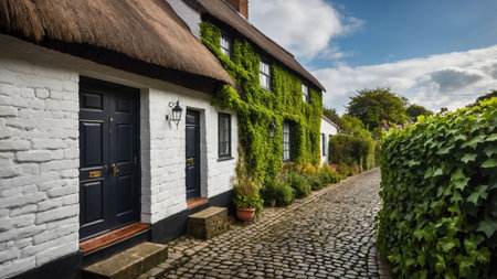 A quaint cottage features a thatched roof and lush ivy climbing the whitewashed walls. Cobblestones create a charming path that invites visitors through this idyllic countryside setting.の素材