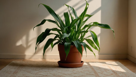 Corn plant with glossy green foliage in a terracotta pot, enjoying sunlight in a cozy roomの素材