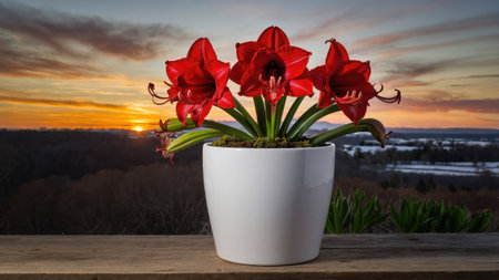 Potted red amaryllis flowers blooming on a wooden surface at sunsetの素材
