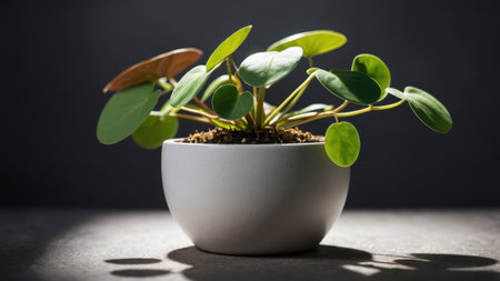 Small chinese money plant growing in a white pot, casting a shadow on a dark backgroundの素材
