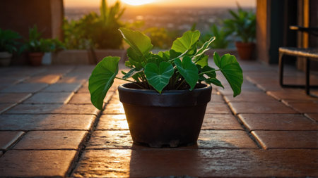 Lush, vibrant green Cast Iron Plant sits in a terracotta pot, soaking up the warm glow of the setting sun on a brick patioの素材
