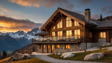 A stunning chalet with overhanging eaves showcases large windows reflecting the warm glow of the sunset. Surrounded by mountains, it creates a serene and picturesque atmosphere.の素材