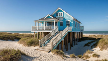 This coastal house features pastel blue shingles and stands elevated on stilts amidst sandy terrain, surrounded by lush grass and a peaceful ocean view under a bright sky.の素材