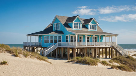 A coastal house features pastel blue shingles and expansive decks, situated on stilts near a sandy shoreline. The ocean and clear skies enhance the picturesque setting.の素材