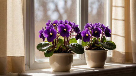 Two purple african violets blooming in pots sitting near a window with curtainsの素材