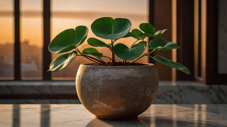 Potted chinese money plant on a marble table with a sunset in the backgroundの素材