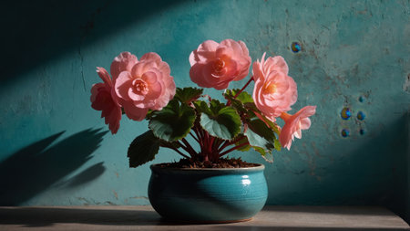 Pink begonia flowers blooming in blue ceramic pot on wooden table against textured turquoise wall, creating beautiful contrast and shadowsの素材