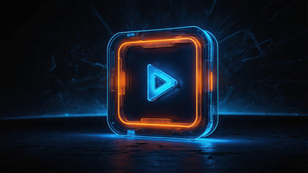 In a dark environment, a vibrant neon play button glows in blue and orange, creating a striking visual contrast. The design emphasizes a modern and digital aesthetic.の素材