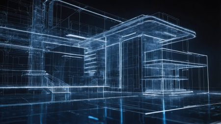 A detailed outline of a modern building structure created with glowing blue lines against a dark background. The design showcases intricate architectural elements and a dynamic layout.の素材