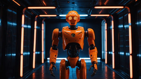A bright orange robot with a friendly design stands in the middle of a dimly lit corridor. The walls are lined with vibrant neon lights, creating a futuristic atmosphere.の素材