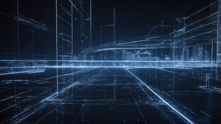 A dynamic cityscape emerges with glowing lines and geometric structures in a high-tech environment. The night scene highlights the innovations of urban design through illuminated grid patterns.の素材