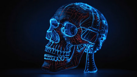 A detailed skull model glows in blue and red, showcasing intricate patterns that suggest technological elements. The dark background creates a dramatic contrast, emphasizing the design's innovation.の素材