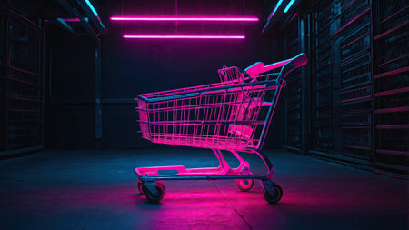 A shopping cart stands alone under vibrant neon lights in shades of pink and blue. The dimly lit environment gives a modern, artistic feel to the composition.の素材