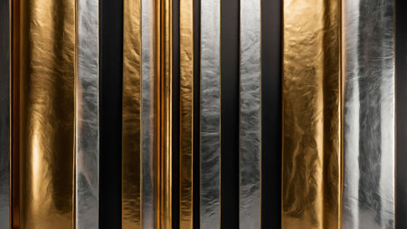 Reflective metallic sheets in gold and silver create striking patterns against a dark backdrop, highlighting contemporary design. The interplay of light adds depth to the composition.の素材