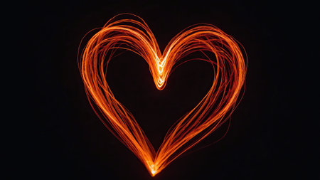 Vibrant orange light trails form a heart shape against a dark background, showcasing creative illumination during a nighttime celebration or event.の素材