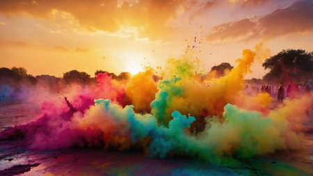 Bright clouds of colored powder fill the air as people celebrate joyfully together at sunset. The sky glows with warm hues, enhancing the festive atmosphere.の素材